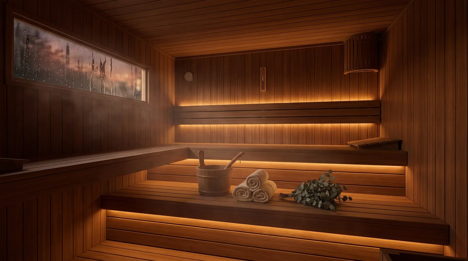 Visualisierung Sauna am Abend — Einrichtungsidee, nicht der aktuelle Zustand